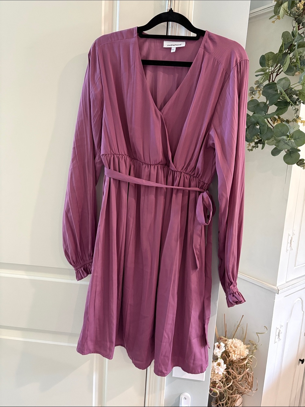 Motherhood Maternity Mauve Wrap Tie-Front Long Sleeve Dress